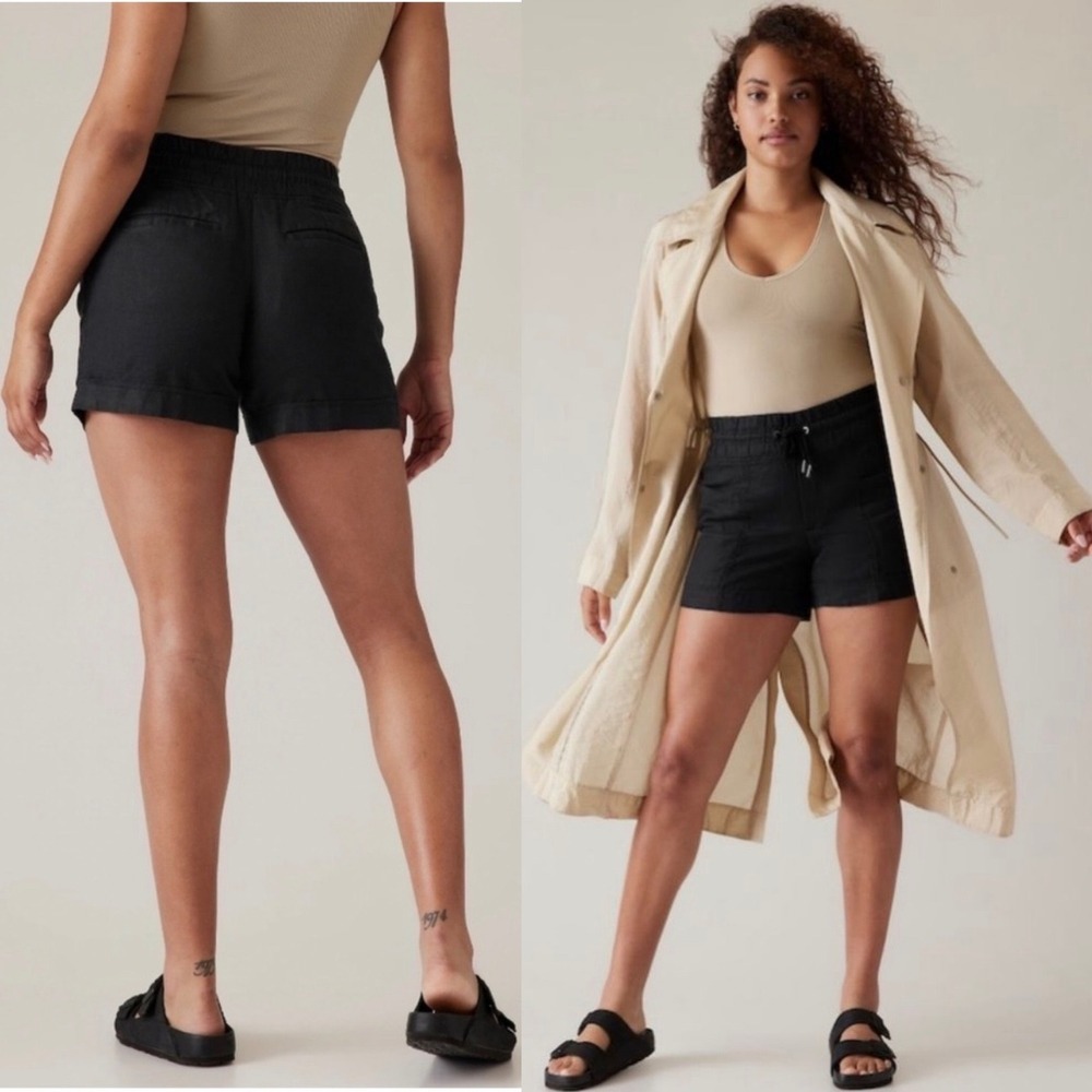 Athleta Cabo Linen 4" Shorts Black Elastic‎ Waist Drawstring Pockets Size 2